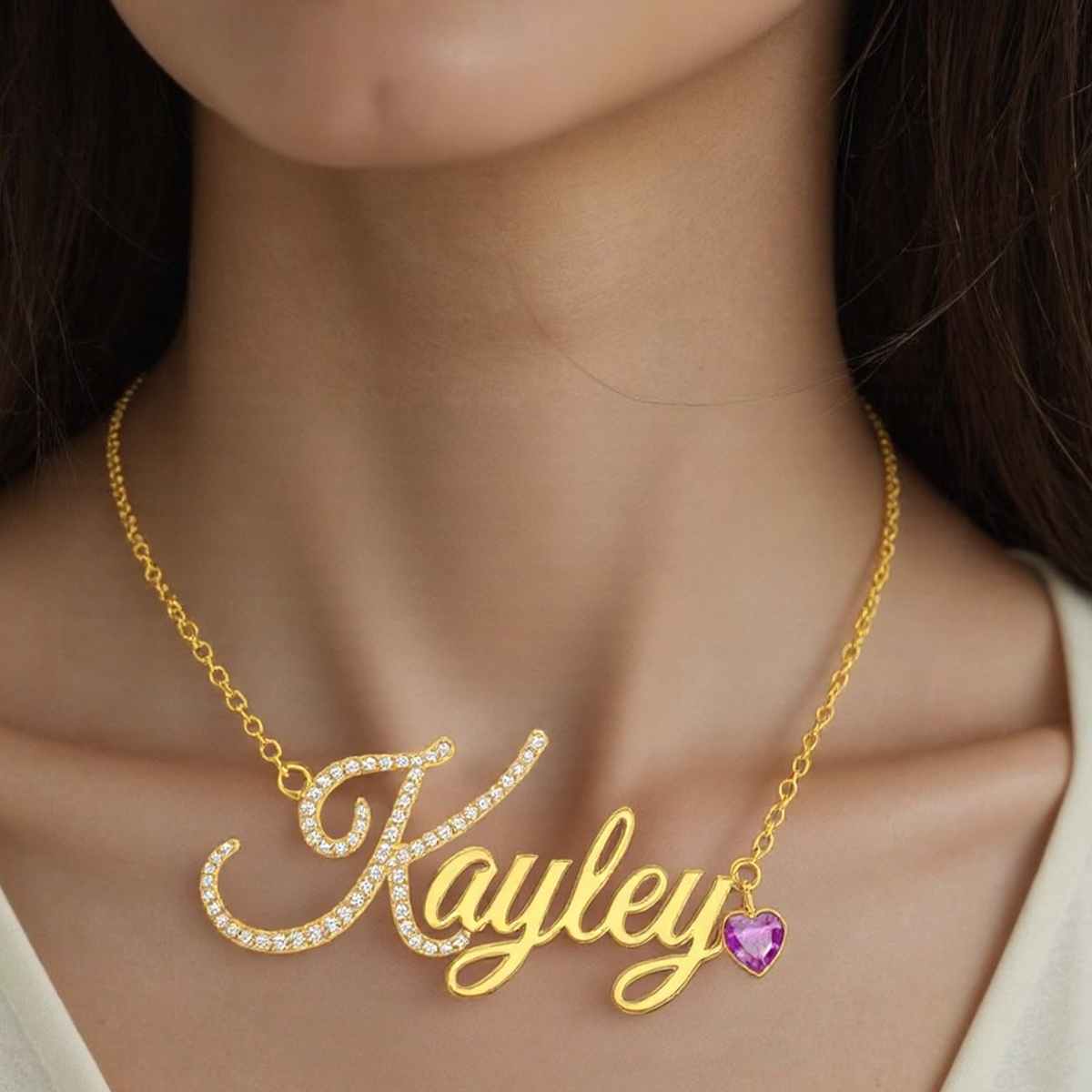 18K Gold Cubic Zirconia Personalized Birthstone & Classic Name & Heart Pendant Necklace-2