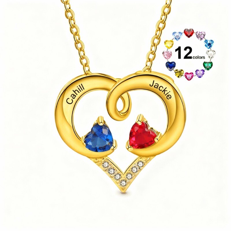 Collier pendentif personnalisé en or 14 carats avec zircon cubique, pierre de naissance, prénom classique et cœur.-1