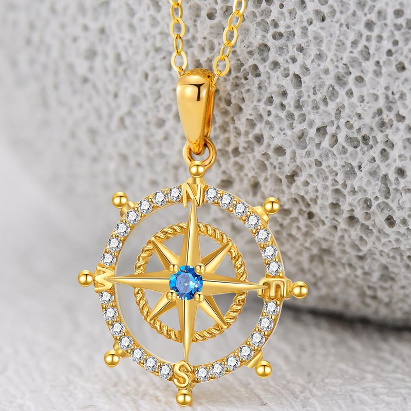 Gold Vermeil Personalized Birthstone & Compass Necklace for Women-3