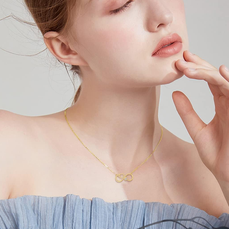 Collar con símbolo de infinito y electrocardiograma con piedra de nacimiento personalizada en oro de 10 quilates para mujer-2