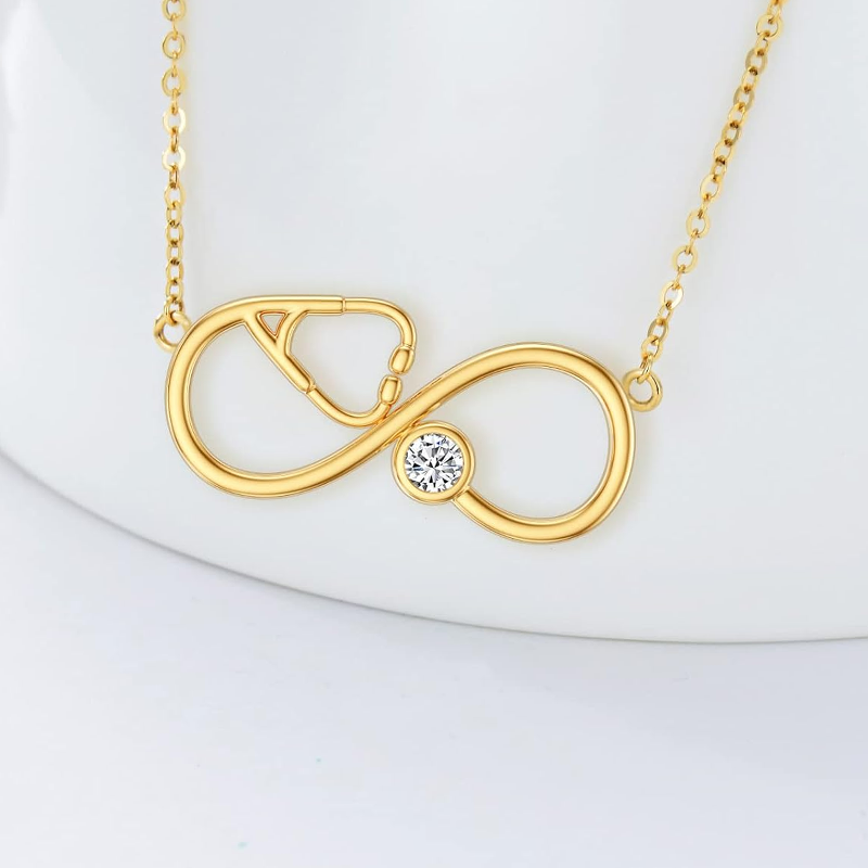 Collar con símbolo de infinito y electrocardiograma con piedra de nacimiento personalizada en oro de 10 quilates para mujer-3