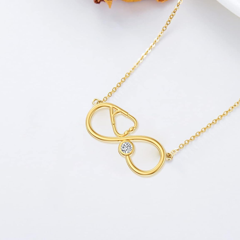 Collar con símbolo de infinito y electrocardiograma con piedra de nacimiento personalizada en oro de 10 quilates para mujer-4
