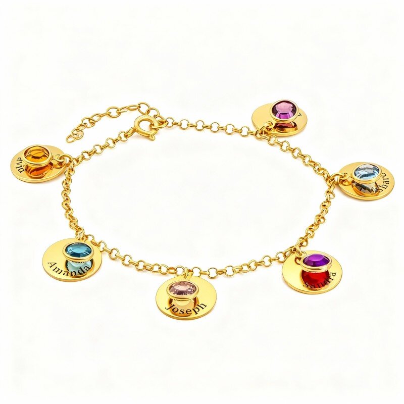 10K Gold Cubic Zirconia Personalized Birthstone & Personalized Engraving Charm Bracelet-1