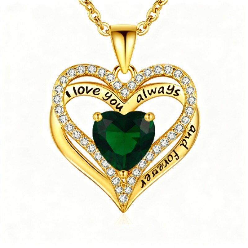Halskette aus 10-karätigem Gold mit Zirkonia, personalisiertem Geburtsstein, individueller Gravur und Herzanhänger-1