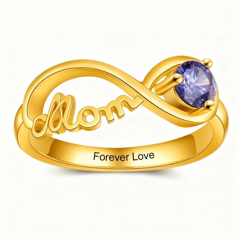 18K Gold Cubic Zirconia Personalized Birthstone & Personalized Engraving & Infinity Symbol Ring with Engraved Word-1