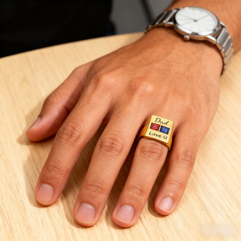 Anello con incisione personalizzata in oro vermeil con pietra portafortuna per uomo-2