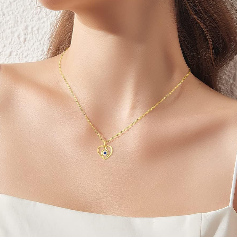 Gold Vermeil Personalized Birthstone & Evil Eye Heart Necklace for Women-2