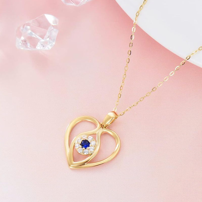 Gold Vermeil Personalized Birthstone & Evil Eye Heart Necklace for Women-3