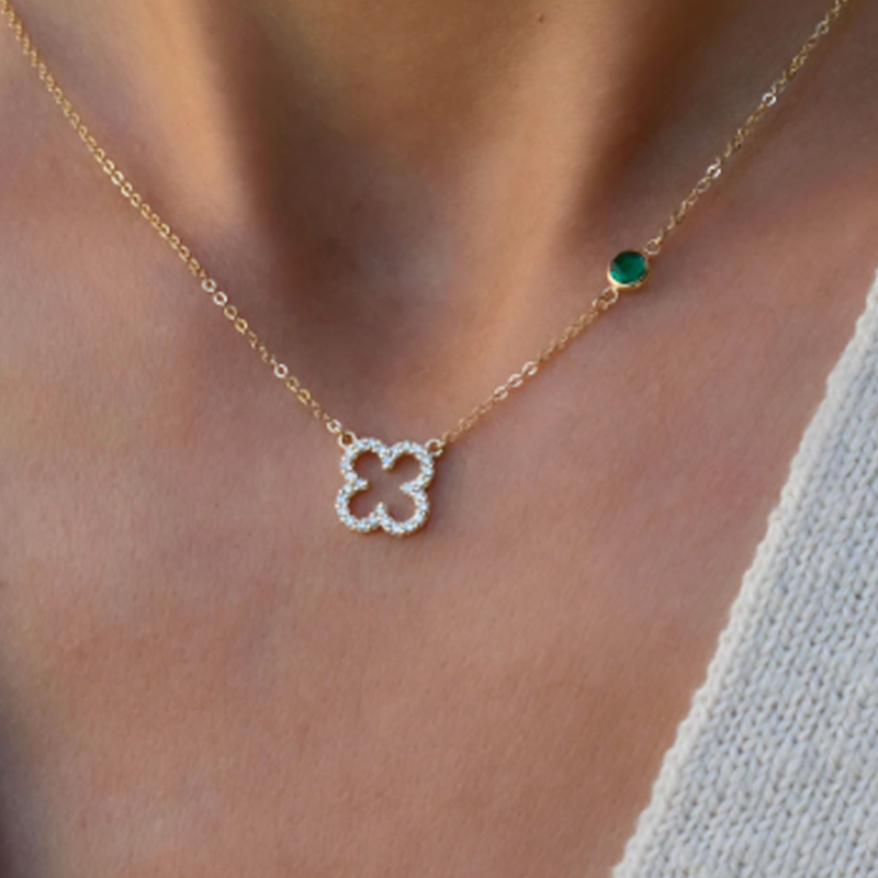 Collana con fiori in pietra portafortuna personalizzata in oro vermeil e zirconi cubici per donna-3