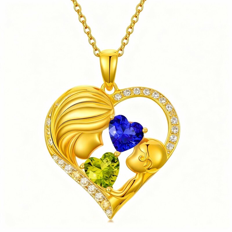 10K Gold Cubic Zirconia Personalized Birthstone & Grandmother & Mother & Heart Pendant Necklace-1