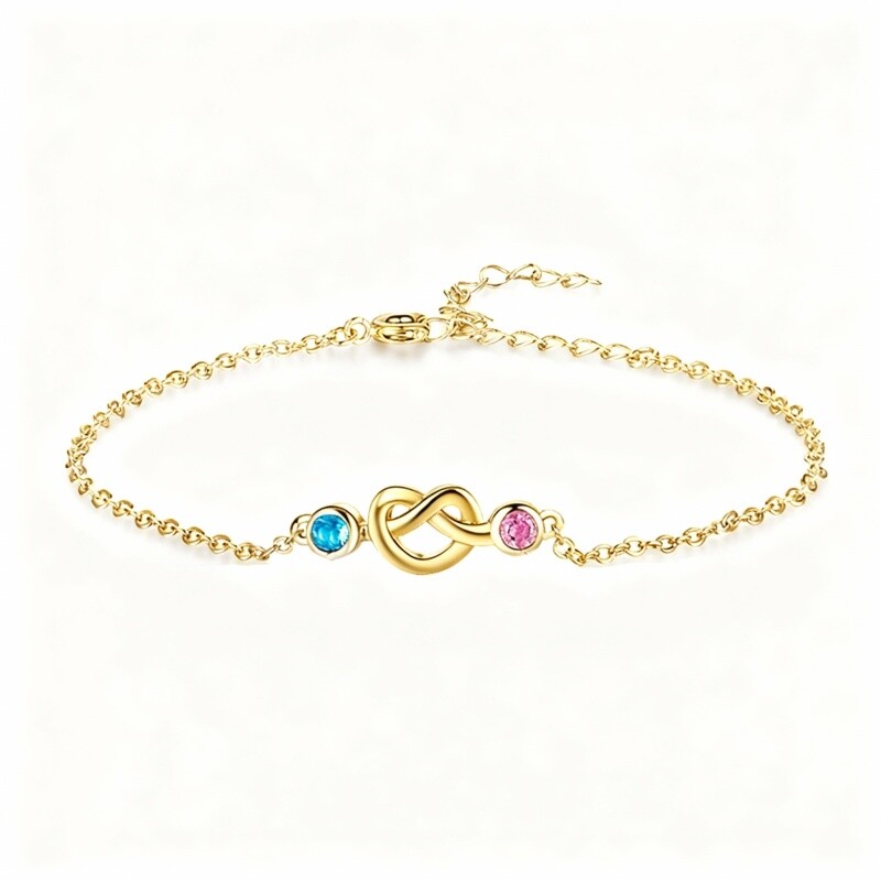 Pulseira personalizada em ouro 10K com zircónias cúbicas, pedra de nascimento e pendente de coração.-1