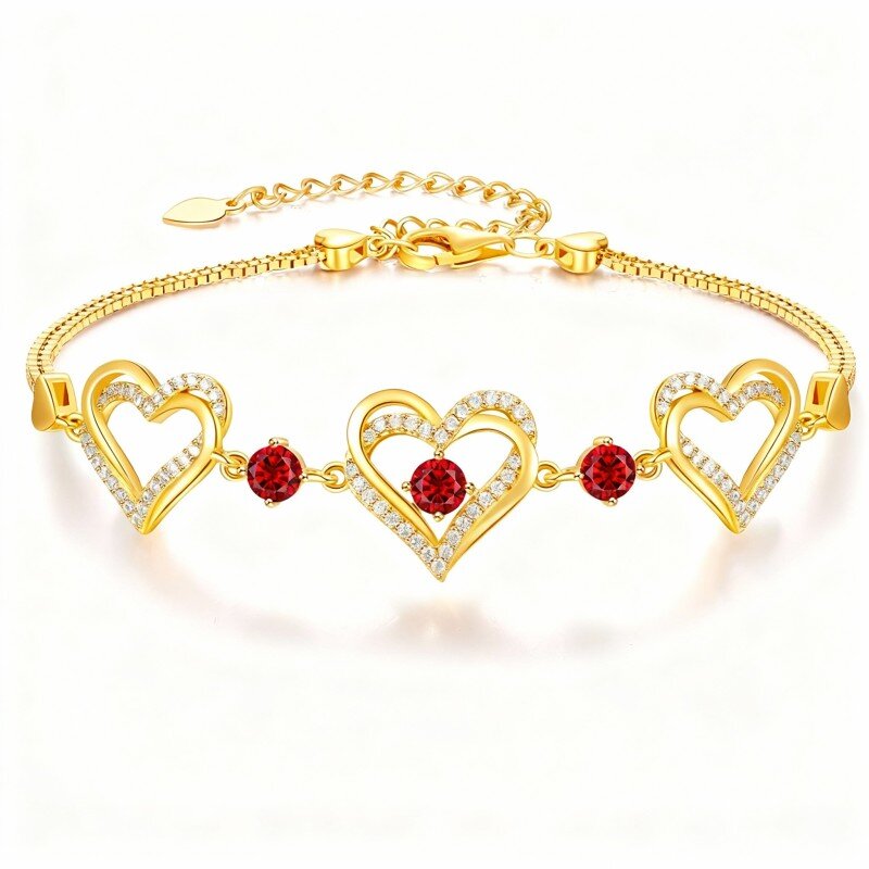 10K Gold Cubic Zirconia Personalized Birthstone & Heart With Heart Charm Bracelet-1
