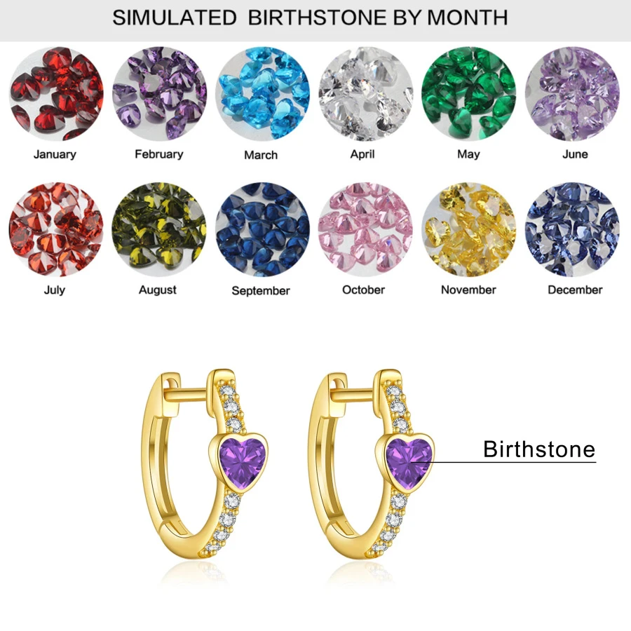 Gold Vermeil Personalized Birthstone & Heart Hoop Earrings for Women-3