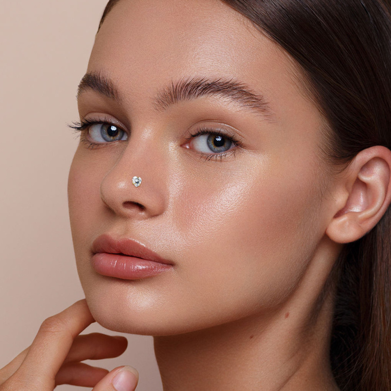 Anillo nasal personalizado con piedra natal y corazón, de oro blanco de 10 quilates con circonita cúbica y circonita cúbica.-2