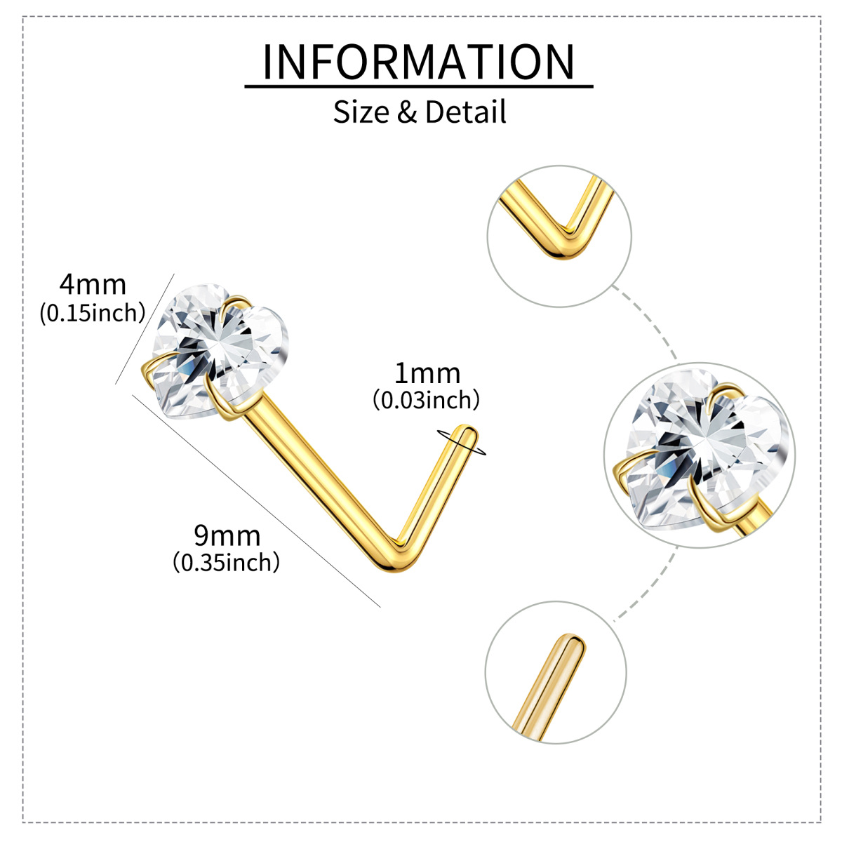 10K Gold Zirkonia Personalisierter Nasenring mit Geburtsstein in Herzform-7