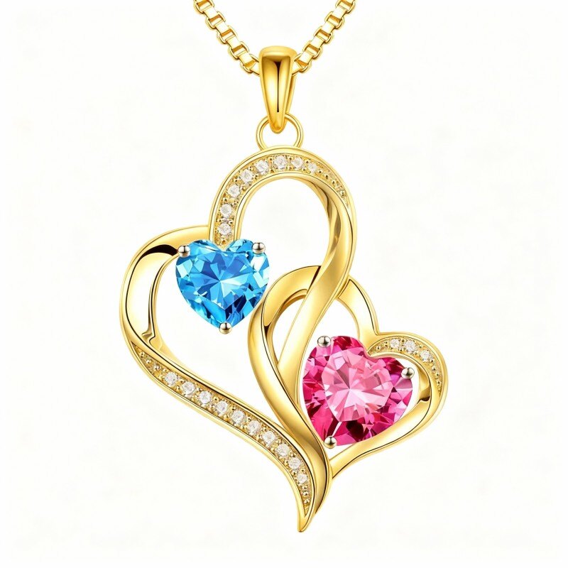 Collier pendentif personnalisé en or 18 carats avec zircon cubique, pierre de naissance et cœur-1