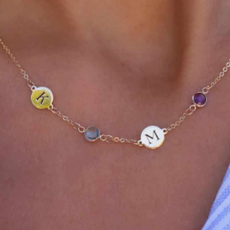 Gold Vermeil Personalized Birthstone Initial Cable Chain Necklace for Women-3