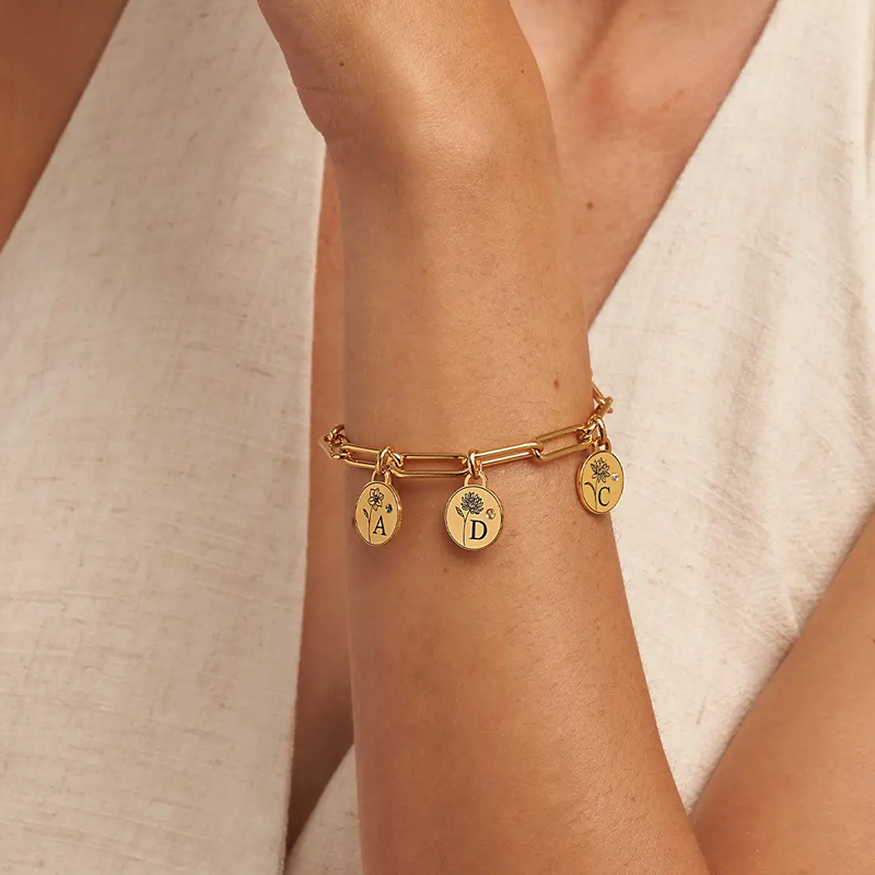 Gold Vermeil Personalized Birthstone & Initial Charm Bracelet for Women-3