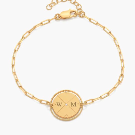 Vermeil de oro personalizado inicial Birthstone brújula pulsera para las mujeres los hombr