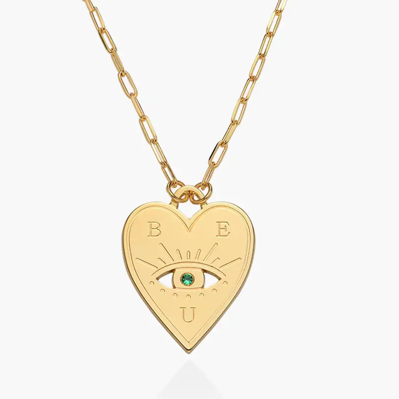 Gold Vermeil Personalized Birthstone Letter & Heart & Evil Eye Pendant Necklace for Women-1