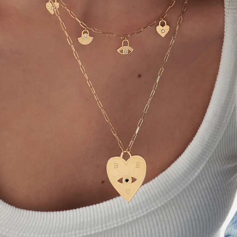 Collar con colgante de ojo malvado con forma de corazón y letra de piedra natal personalizada en oro vermeil para mujer-2