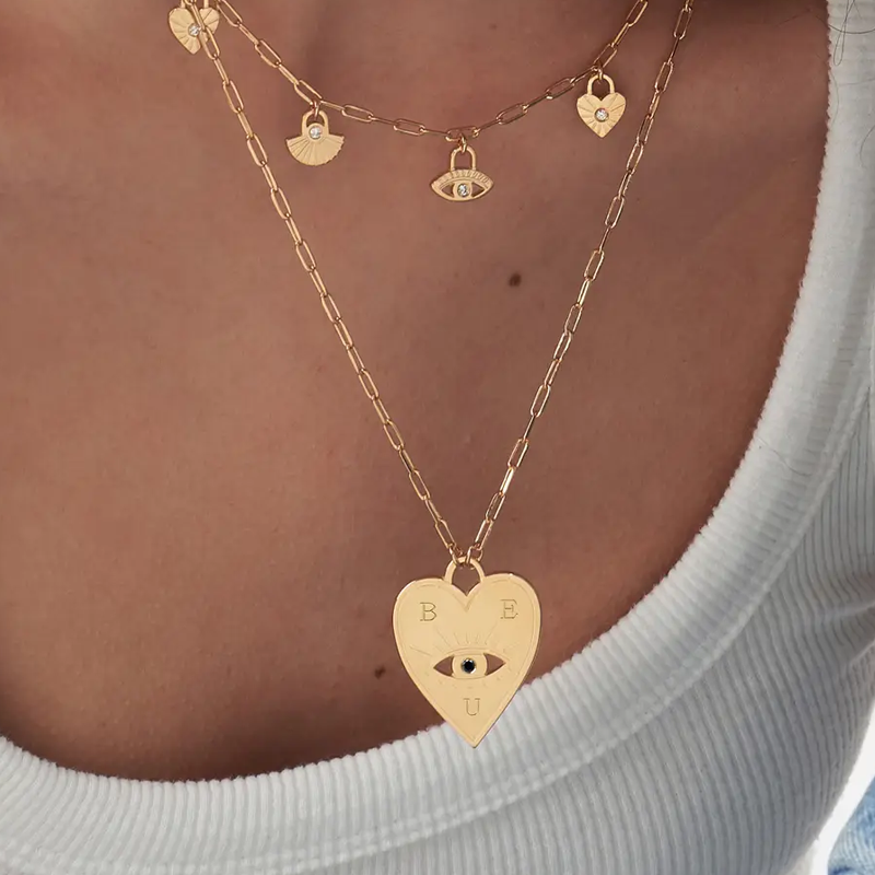 Collar con colgante personalizado de oro de 18 quilates con piedra natal, letra, corazón y ojo turco para mujer-2
