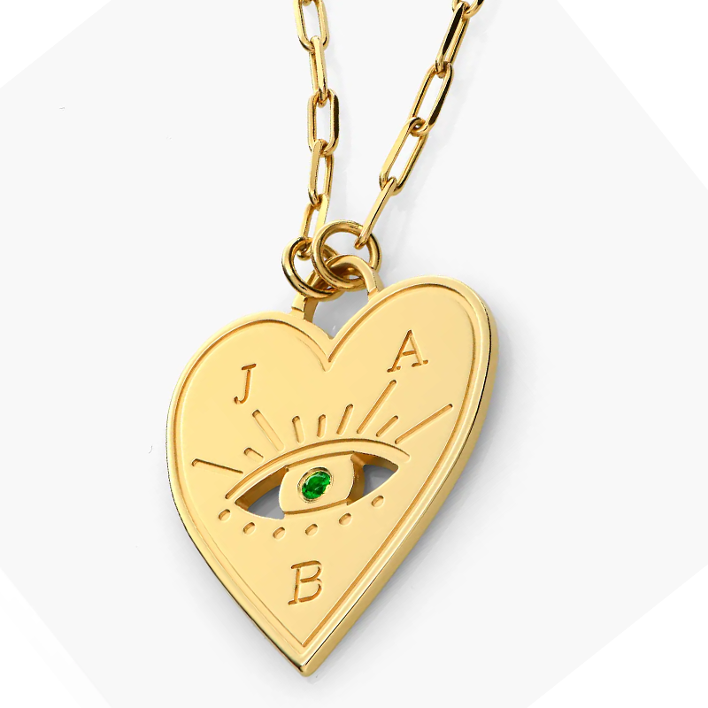 Collar con colgante de ojo malvado con forma de corazón y letra de piedra natal personalizada en oro vermeil para mujer-3