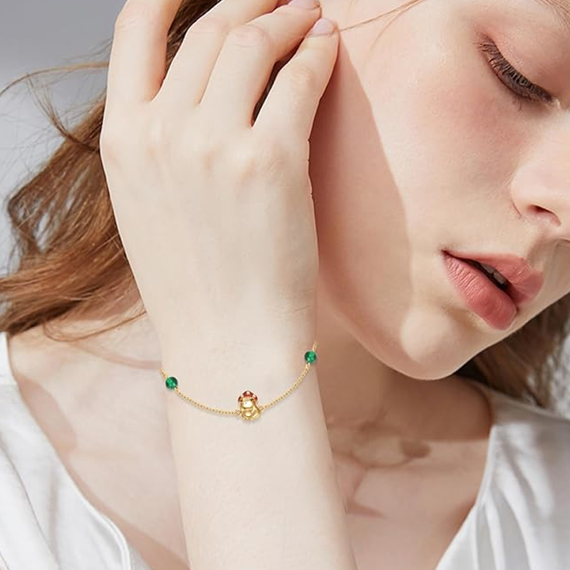 Pulsera personalizada con dije de hongo y piedra de nacimiento en oro de 14 quilates para mujer-2