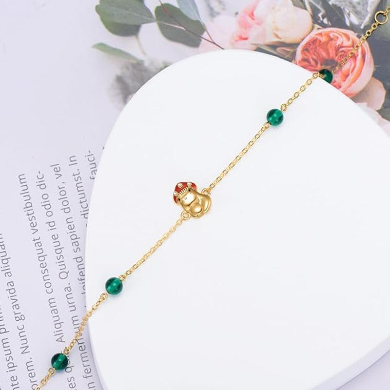 Pulsera personalizada con dije de hongo y piedra de nacimiento en oro de 14 quilates para mujer-3