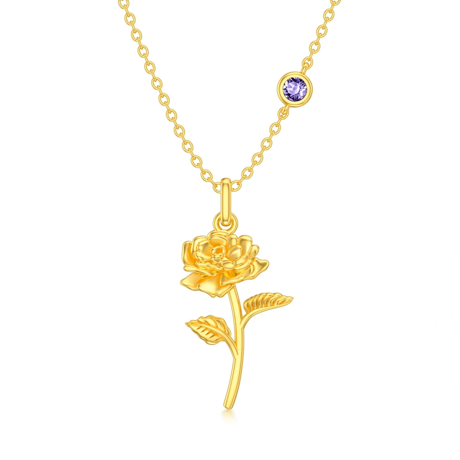 10K Gold Cubic Zirconia & Personalized Birthstone Rose Necklace for Women-1