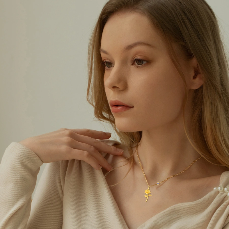 Halskette mit Anhänger aus Gold-Vermeil mit Geburtsstein und Rose für Großmutter, Mutter und Schwester-2