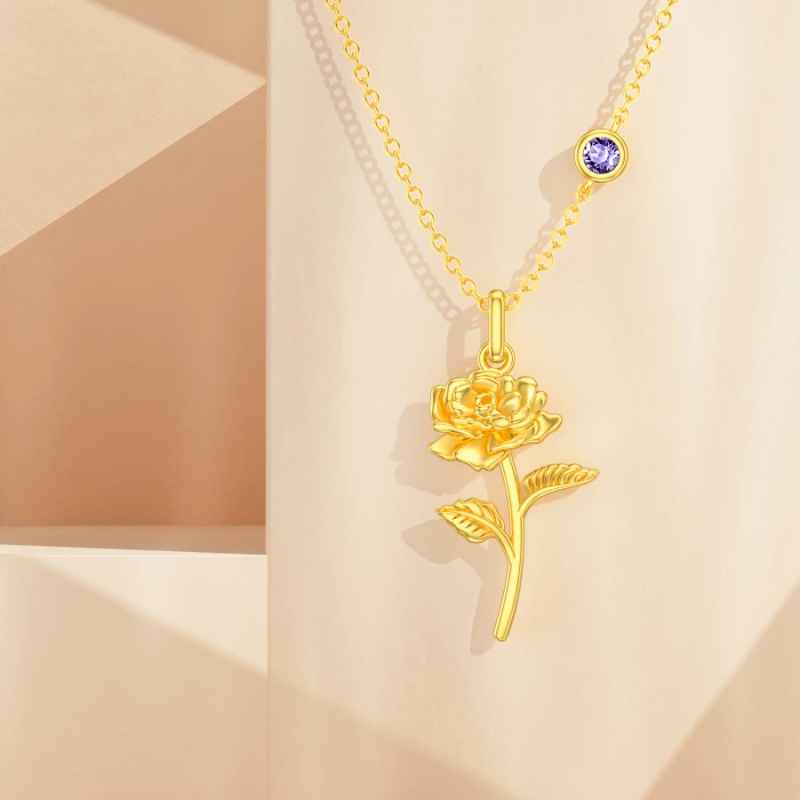 Halskette mit Anhänger aus Gold-Vermeil mit Geburtsstein und Rose für Großmutter, Mutter und Schwester-3