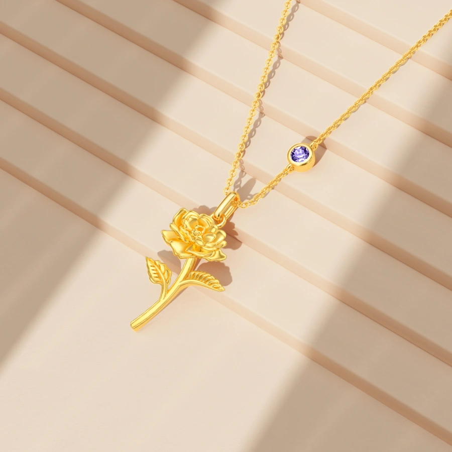 Gold Vermeil Cubic Zirconia & Personalized Birthstone Rose Necklace for Women-4