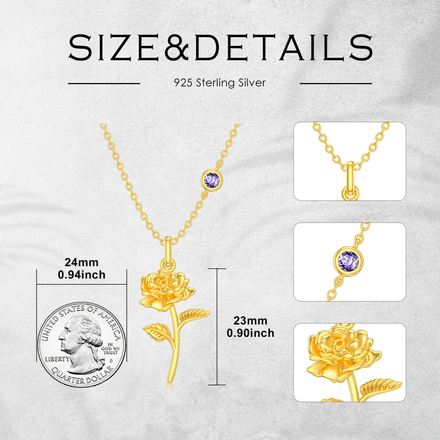 Gold Vermeil Cubic Zirconia & Personalized Birthstone Rose Necklace for Women-5