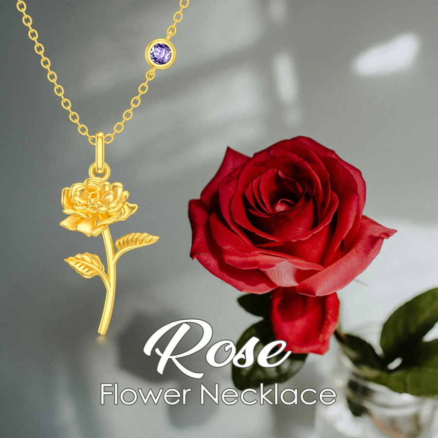 10K Gold Cubic Zirconia & Personalized Birthstone Rose Necklace for Women-6