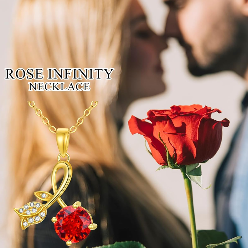 Collar personalizado con rosa y piedra natal en oro de 10 quilates para mujer-5