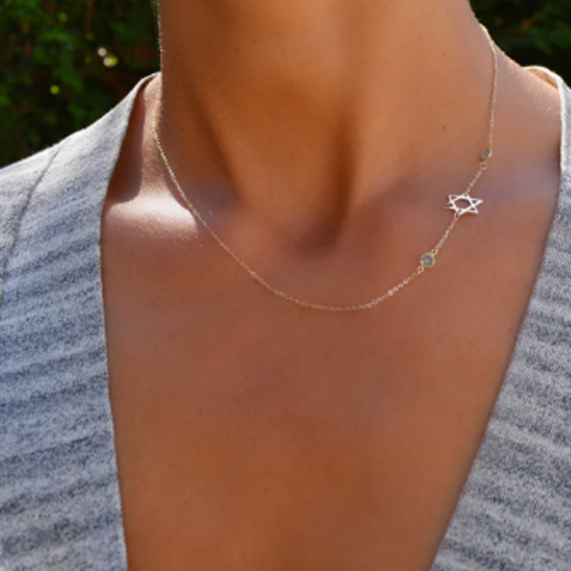 Personalisierte Geburtsstein- und Davidstern-Halskette aus 18-karätigem Gold für Damen-2