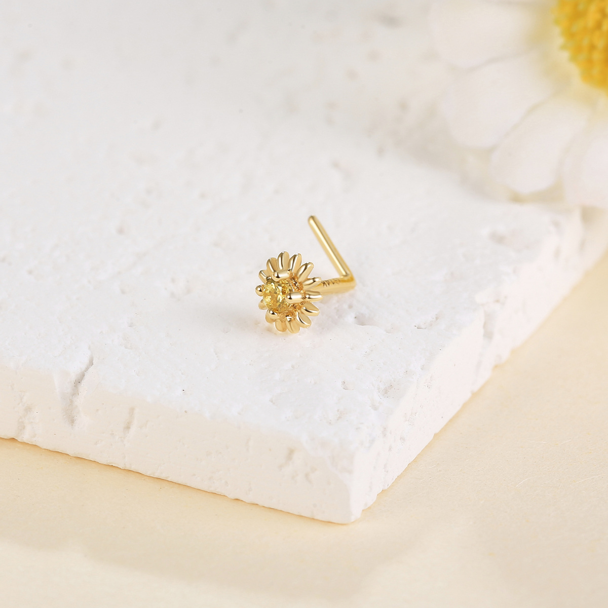 18K Gold Cubic Zirconia & Personalized Birthstone Sunflower Nose Ring-3