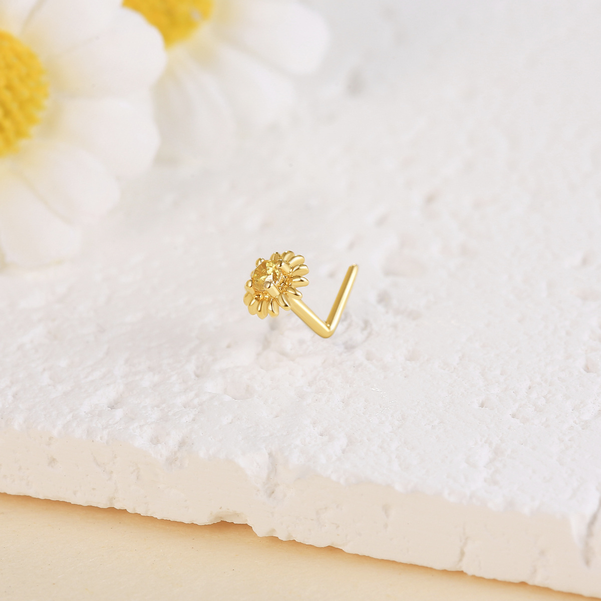 10K Gold Cubic Zirconia & Personalized Birthstone Sunflower Nose Ring-4