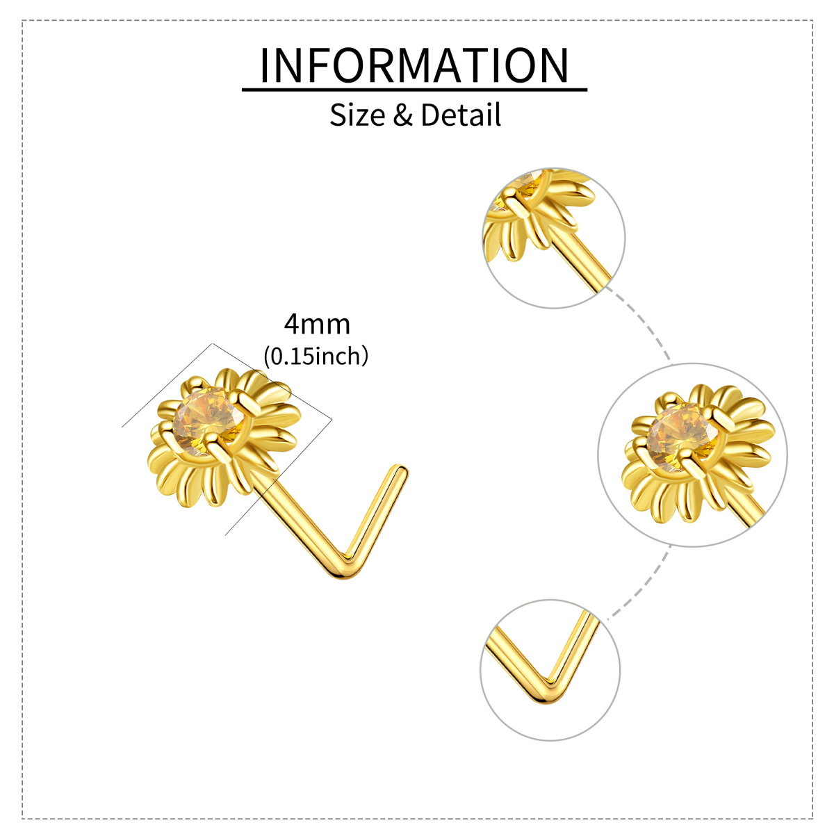 Anneau de nez personnalisé en or 14 carats avec pierre de naissance et tournesol-5