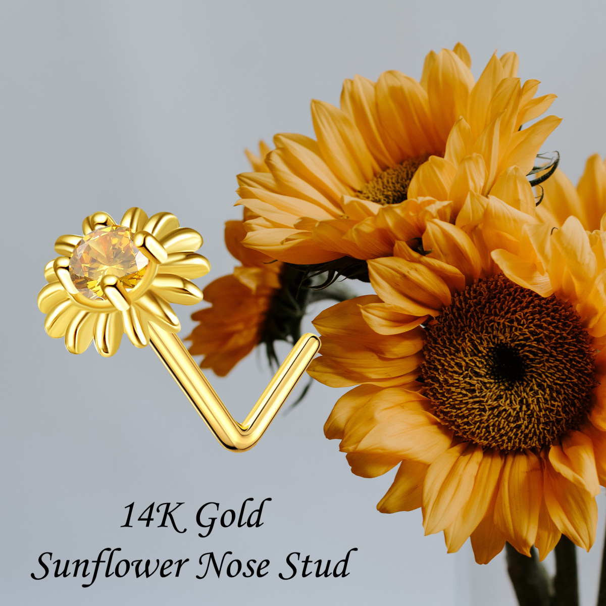 14K Gold Cubic Zirconia & Personalized Birthstone Sunflower Nose Ring-6