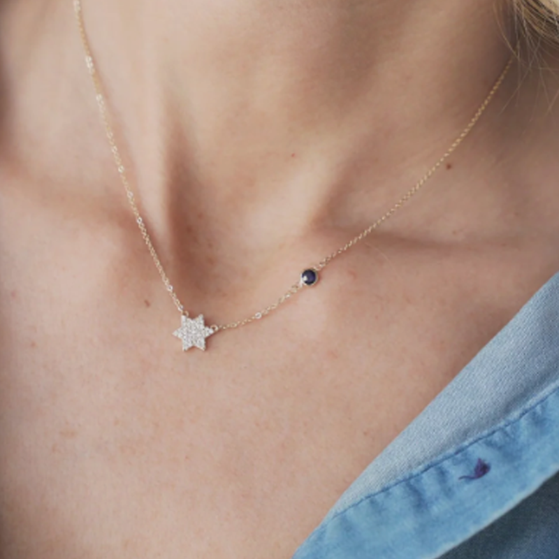 Personalisierte Geburtsstein-Halskette aus 10-karätigem Gold mit Tetragrammaton und Pentagramm für Damen-2