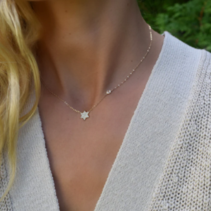 Personalisierte Geburtsstein-Halskette aus 10-karätigem Gold mit Tetragrammaton und Pentagramm für Damen-3