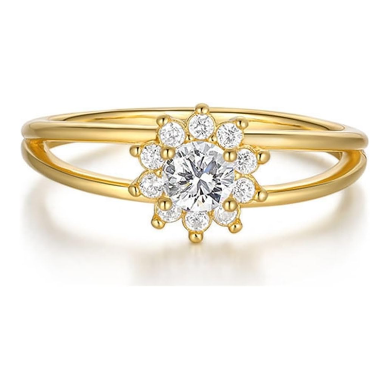 Anel feminino personalizado com pedra de nascimento e flores silvestres em ouro vermeil e zircônia cúbica-1