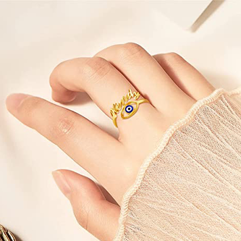 Anillo de oro de 18 quilates personalizado con nombre clásico y mal de ojo-2