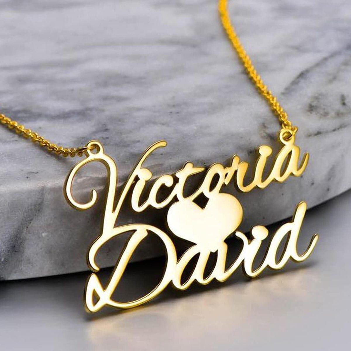 14K Gold Personalized Classic Name & Heart Pendant Necklace-5