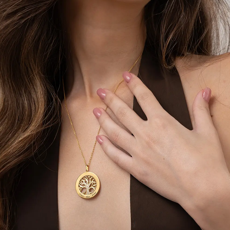 Colar com pingente de árvore da vida personalizado com nome clássico em vermeil dourado para mulheres-2