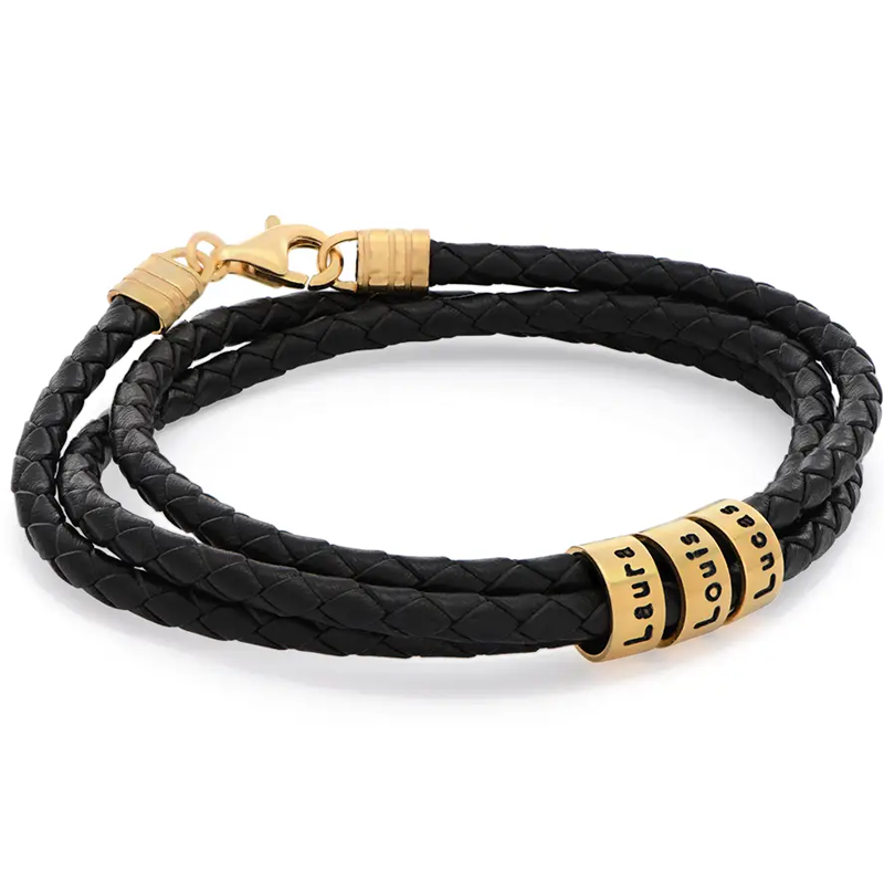 Gold Vermeil Personalized Engraving Beads Rope Chain Bracelet for Men-3