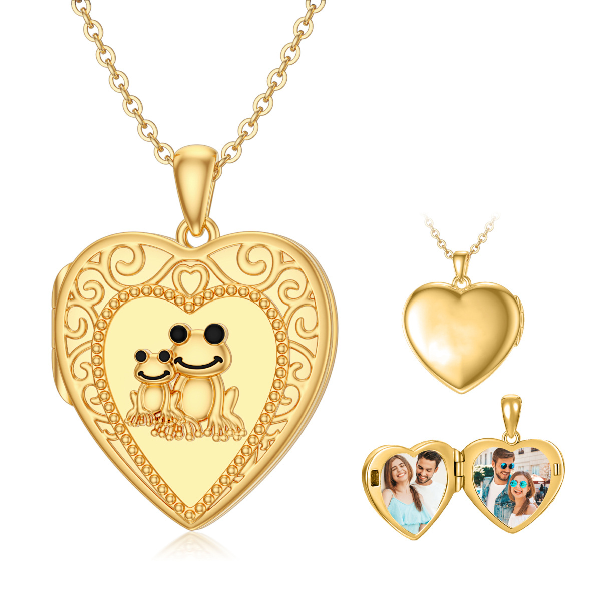 14K Gold & Personalized Engraving Frog & Personalized Photo & Heart Pendant Necklace-2