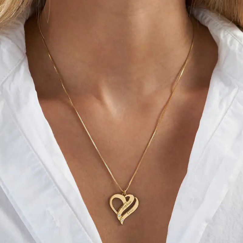 Gold Vermeil Cubic Zirconia Personalized Engraving & Heart Necklace for Women-2